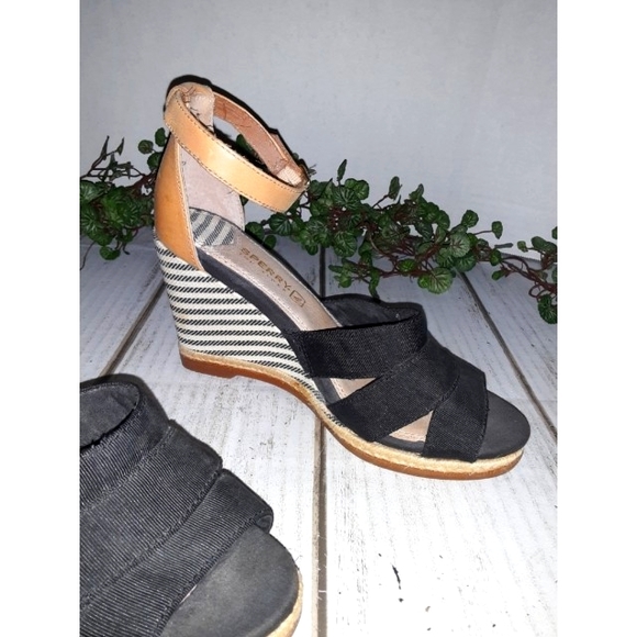 Sperry Top-Sider Striped Ankle Wedge - Black/White - Tan Leather - Picture 10 of 13